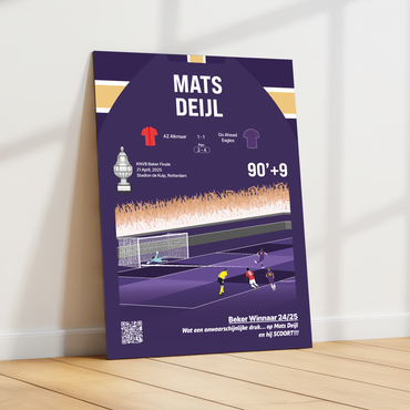 De GoalSquare Match Moment metalen poster van bekerwinnaar Go Ahead Eagles en Mats Deijl schuin geplaatst tegen een witte wand op een lichte houten vloer.
