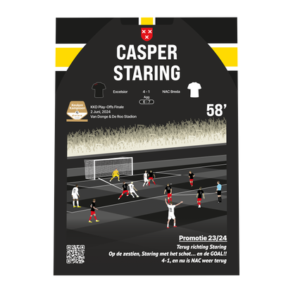 Grafisch ontwerp van een GoalSquare Match Moment metalen voetbalposter van de beslissende goal van Casper Staring voor NAC Breda tijdens de KKD Play-Offs Finale tegen Excelsior.