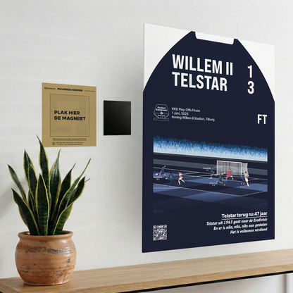 Uitleg van het magnetische ophangsysteem van GoalSquare met de Willem II - Telstar poster. Boorvrij, eenvoudig en strak ophangen van je voetbal herinnering.