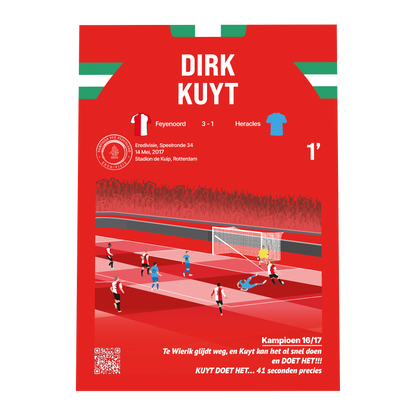 Grafisch ontwerp van een GoalSquare Match Moment metalen voetbalposter van de vroege goal van Dirk Kuyt na eenenveertig seconden tijdens de kampioenswedstrijd Feyenoord tegen Heracles in de Kuip.