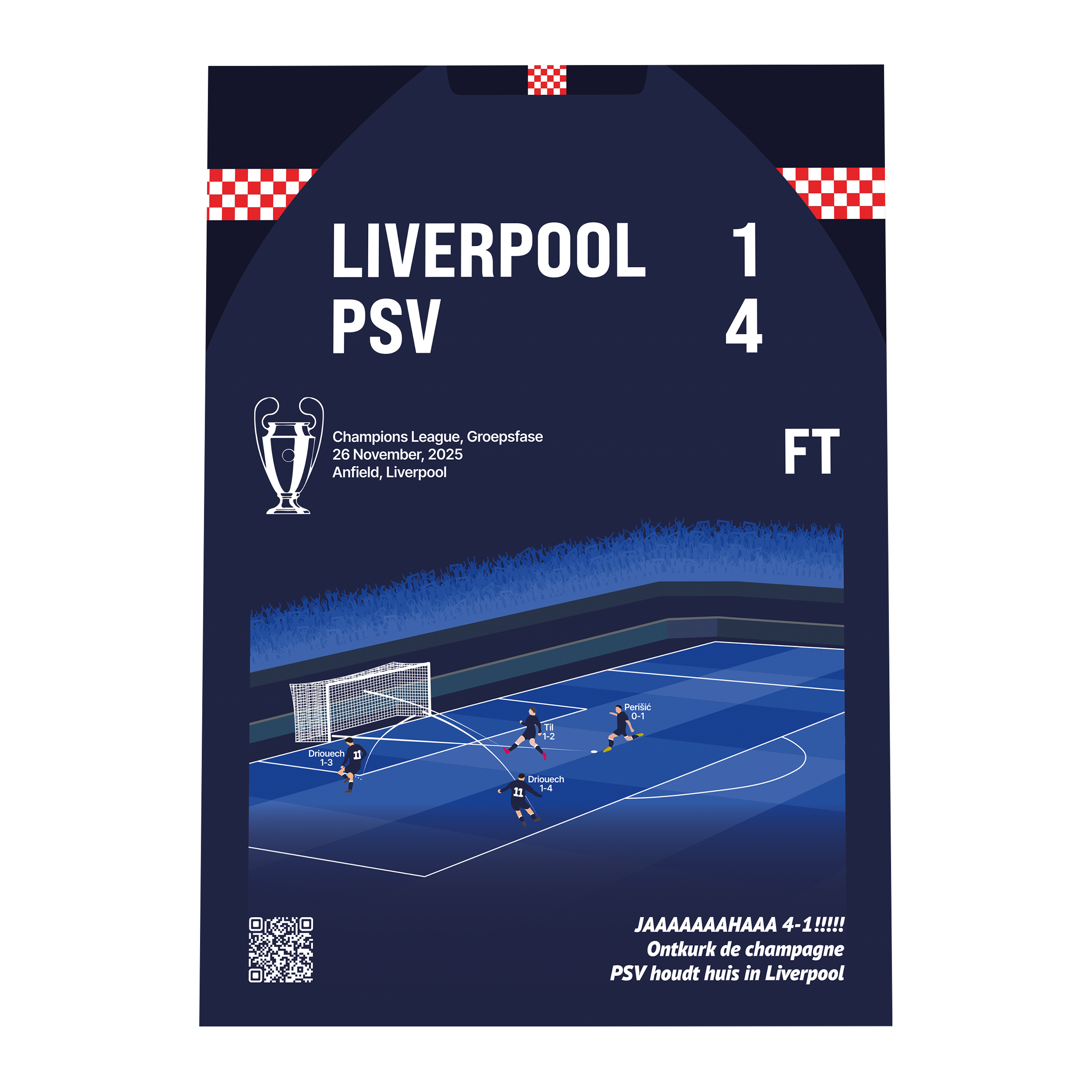 Grafisch ontwerp van een GoalSquare Match Moment metalen voetbalposter van de Champions League wedstrijd Liverpool tegen PSV met de historische uitslag een vier op Anfield.