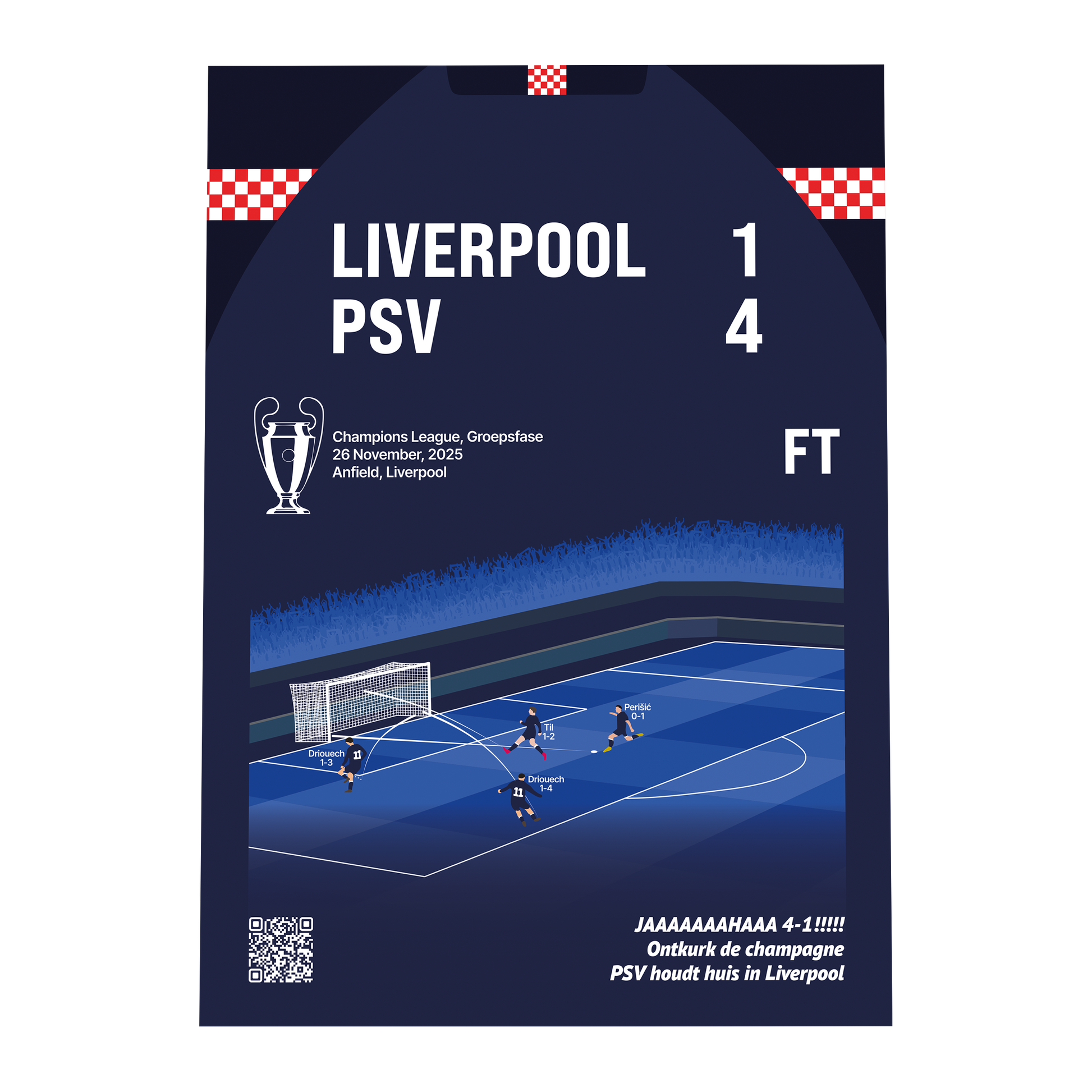 Grafisch ontwerp van een GoalSquare Match Moment metalen voetbalposter van de Champions League wedstrijd Liverpool tegen PSV met de historische uitslag een vier op Anfield.