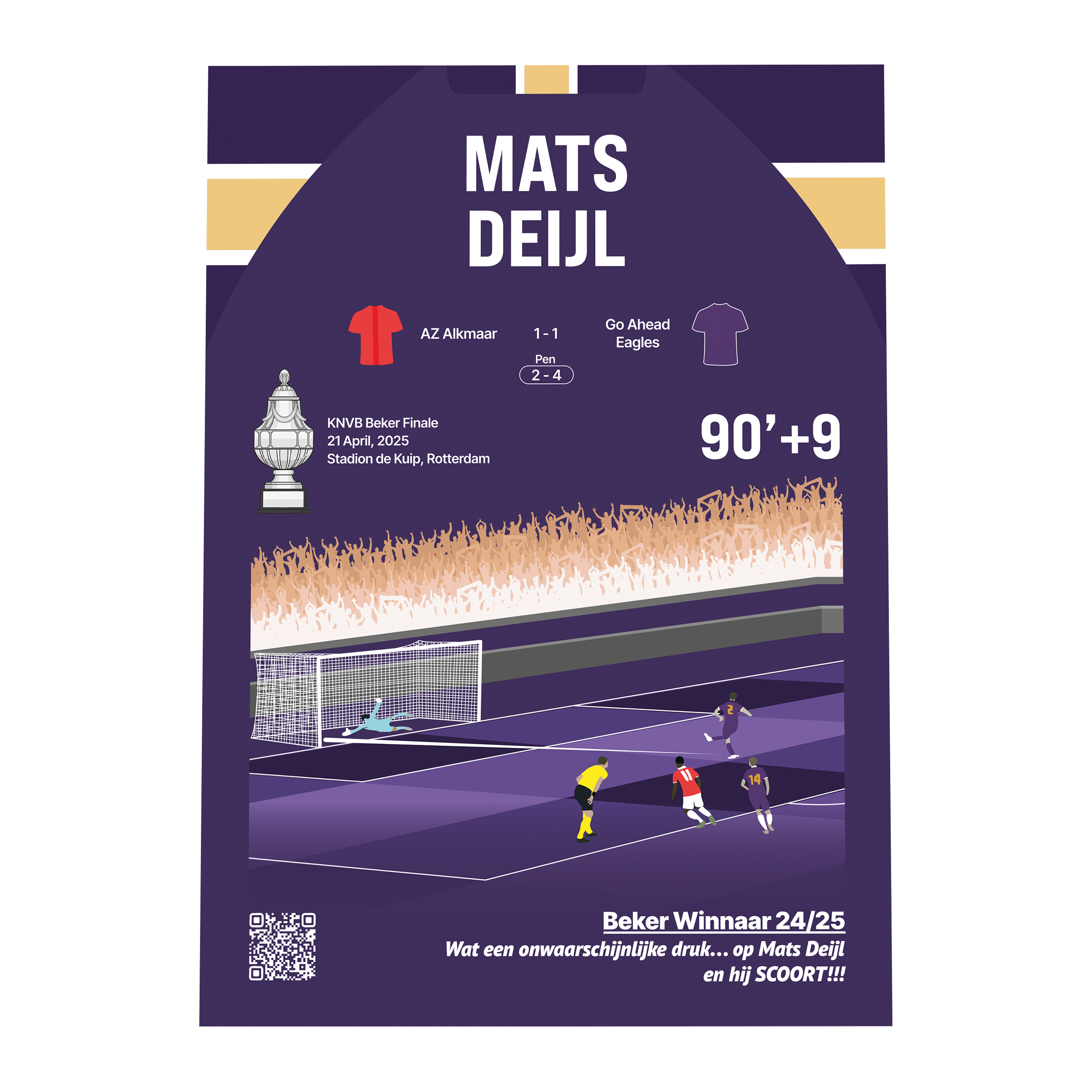 Grafisch ontwerp van een GoalSquare Match Moment metalen voetbalposter van de late penalty van Mats Deijl voor Go Ahead Eagles tegen AZ in de KNVB Bekerfinale.