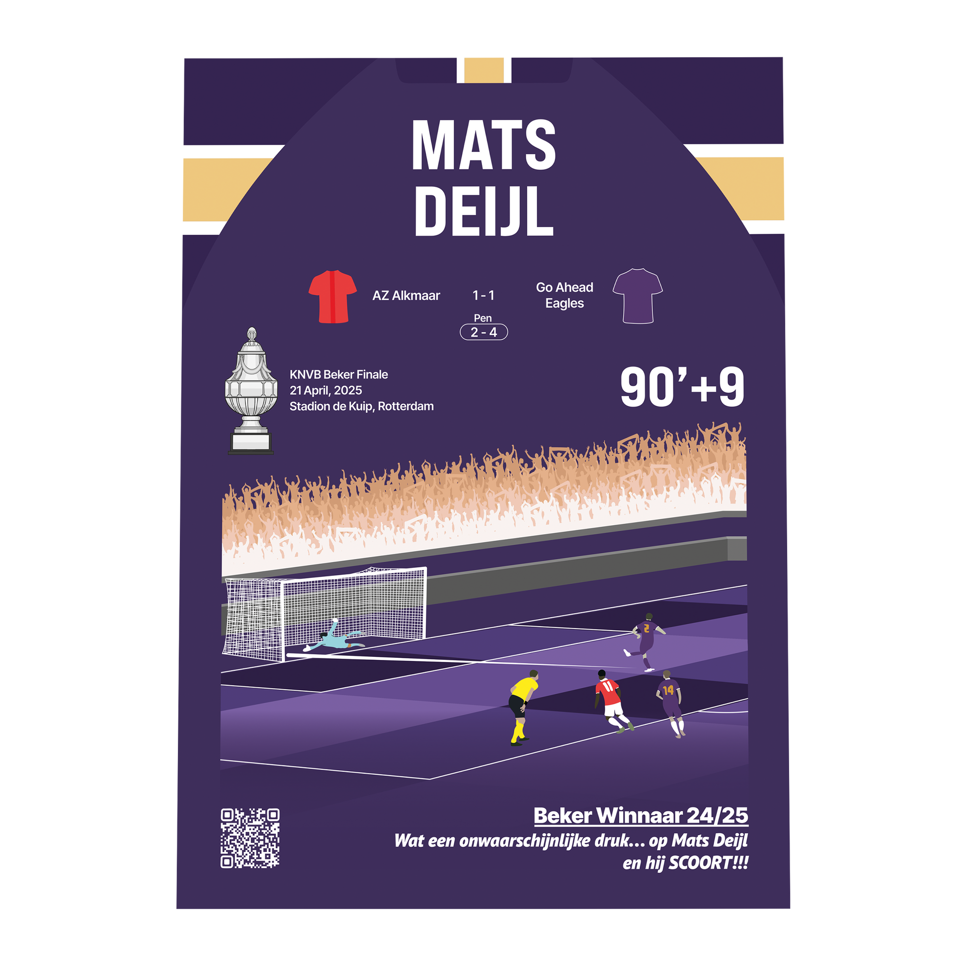 Grafisch ontwerp van een GoalSquare Match Moment metalen voetbalposter van de late penalty van Mats Deijl voor Go Ahead Eagles tegen AZ in de KNVB Bekerfinale.