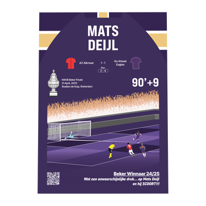 Grafisch ontwerp van een GoalSquare Match Moment metalen voetbalposter van de late penalty van Mats Deijl voor Go Ahead Eagles tegen AZ in de KNVB Bekerfinale.