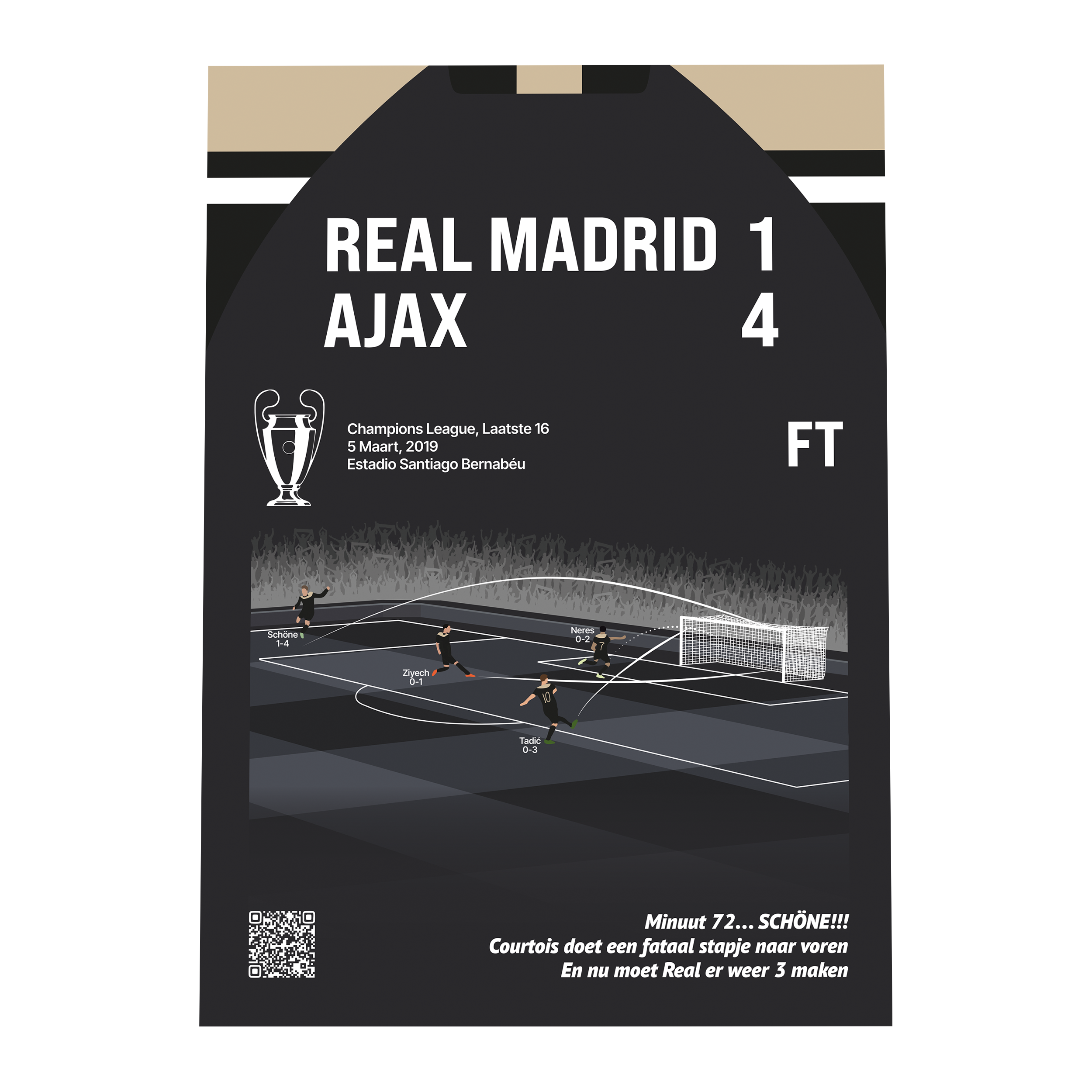 Grafisch ontwerp van een GoalSquare Match Moment metalen voetbalposter van de historische Champions League overwinning van Ajax op Real Madrid met de uitslag een vier in Bernabeu.