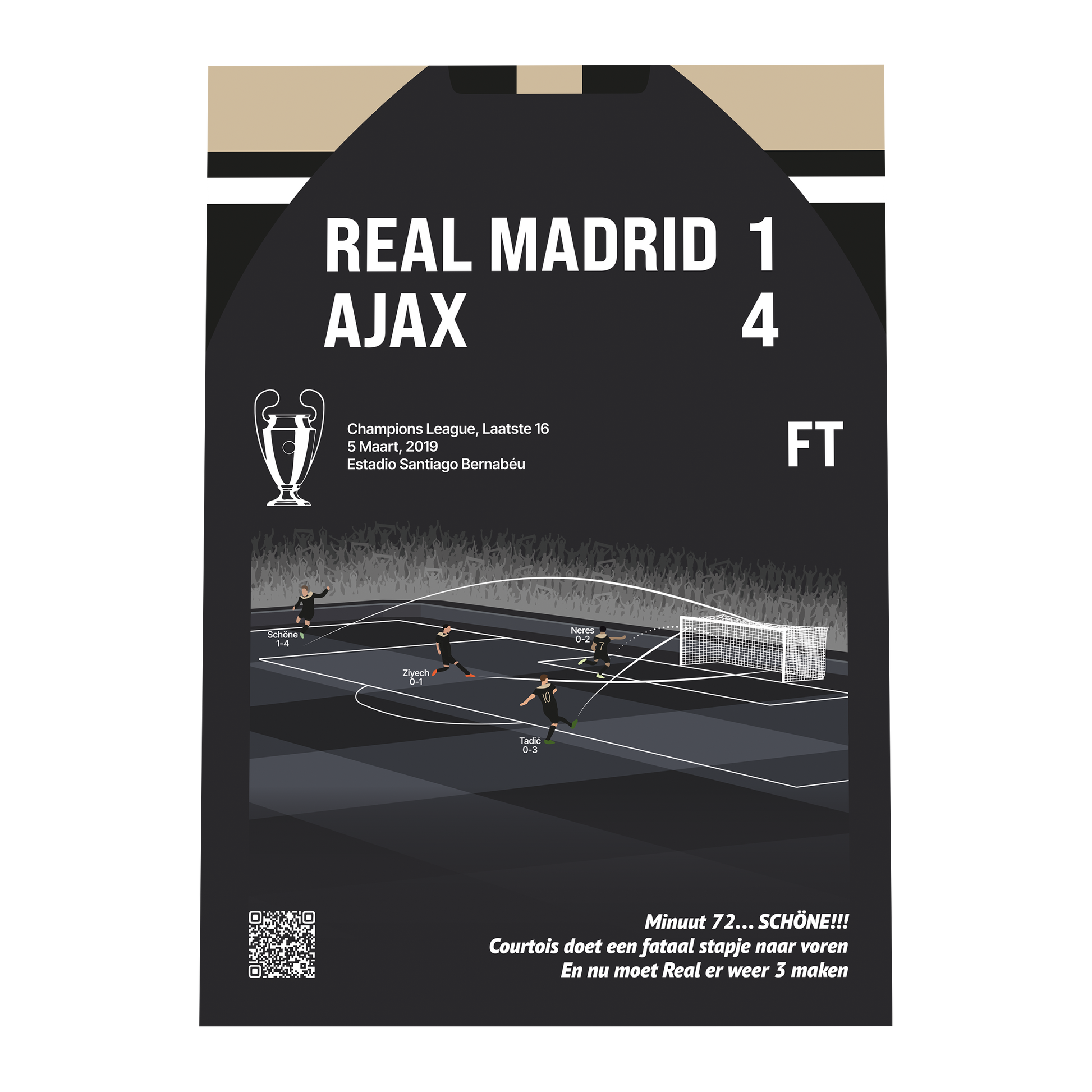 Grafisch ontwerp van een GoalSquare Match Moment metalen voetbalposter van de historische Champions League overwinning van Ajax op Real Madrid met de uitslag een vier in Bernabeu.