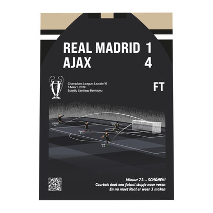 Grafisch ontwerp van een GoalSquare Match Moment metalen voetbalposter van de historische Champions League overwinning van Ajax op Real Madrid met de uitslag een vier in Bernabeu.