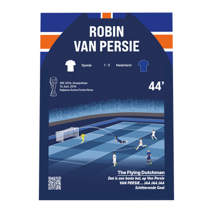 Grafisch ontwerp van een GoalSquare Match Moment metalen voetbalposter van de legendarische zweefduik kopbal van Robin van Persie tijdens Spanje tegen Nederland op het WK tweeduizend veertien.