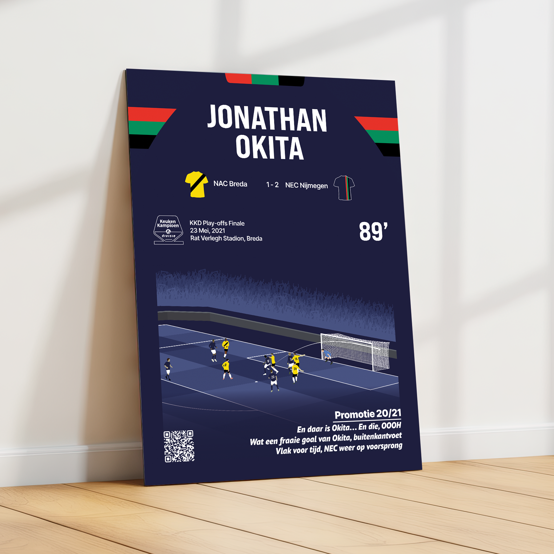 De GoalSquare Match Moment metalen poster van de legendarische goal van Jonathan Okita waardoor NEC promoveerde schuin geplaatst tegen een witte wand op een lichte houten vloer.