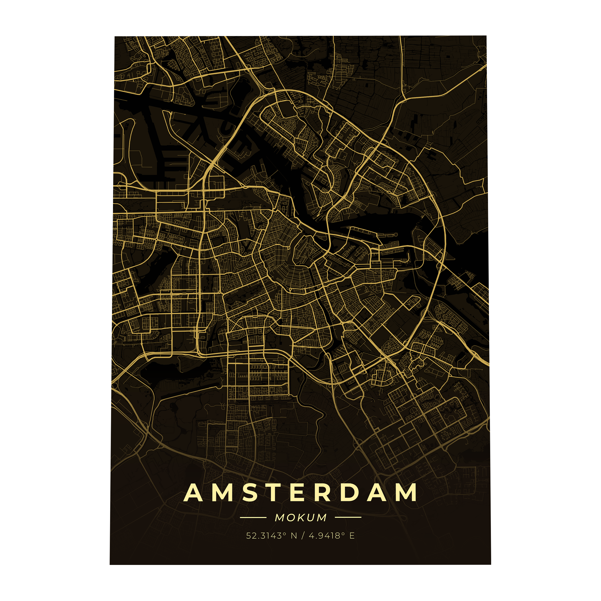 Premium metalen poster van de plattegrond van Amsterdam (Mokum). Luxe goud-op-zwart design van GoalSquare met coördinaten.