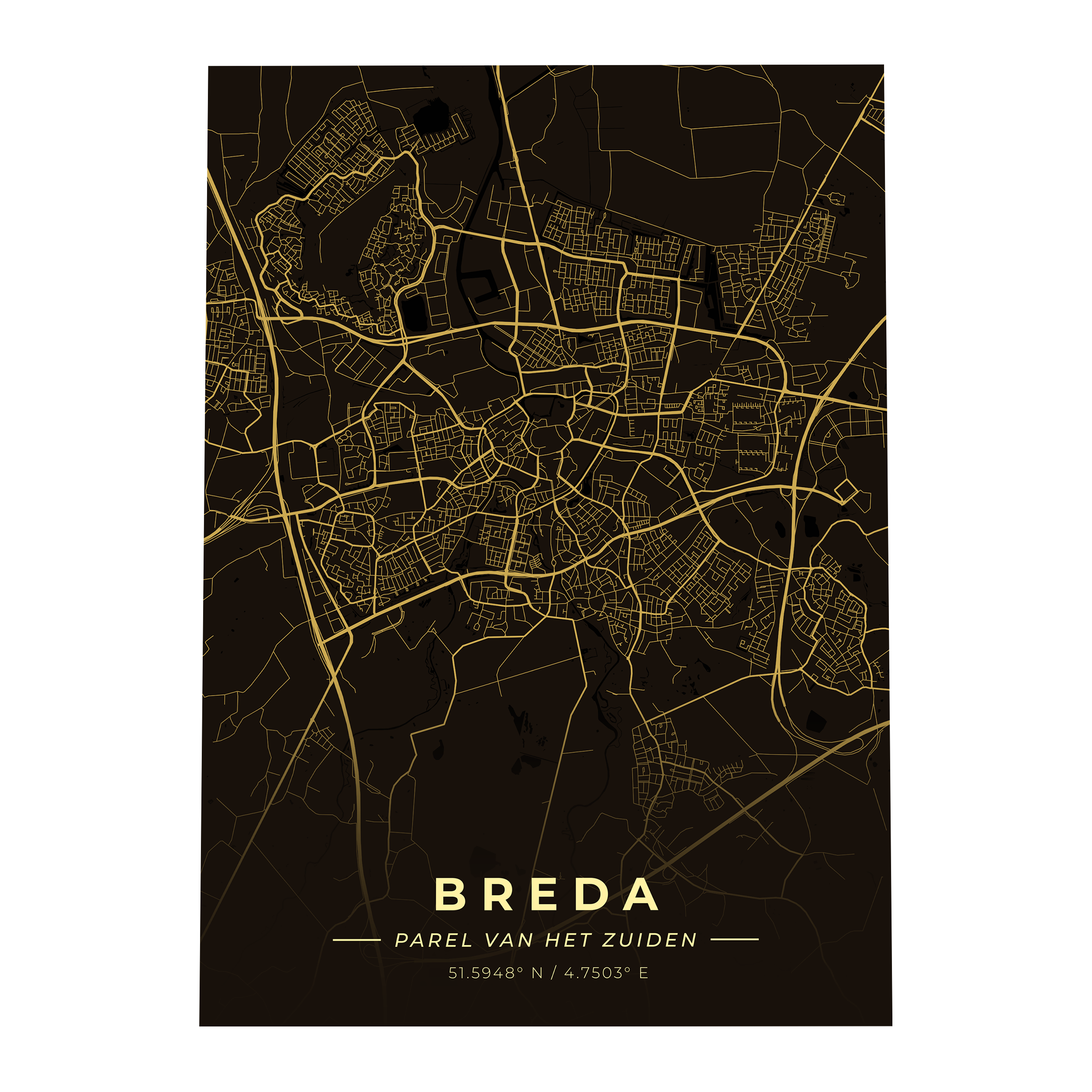 Premium metalen poster van de plattegrond van Breda (De Parel van het Zuiden). Luxe goud-op-zwart design van GoalSquare met coördinaten.