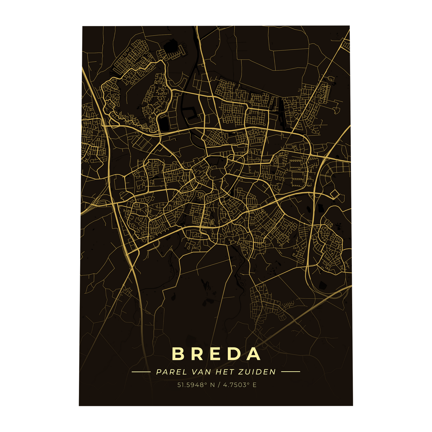 Premium metalen poster van de plattegrond van Breda (De Parel van het Zuiden). Luxe goud-op-zwart design van GoalSquare met coördinaten.