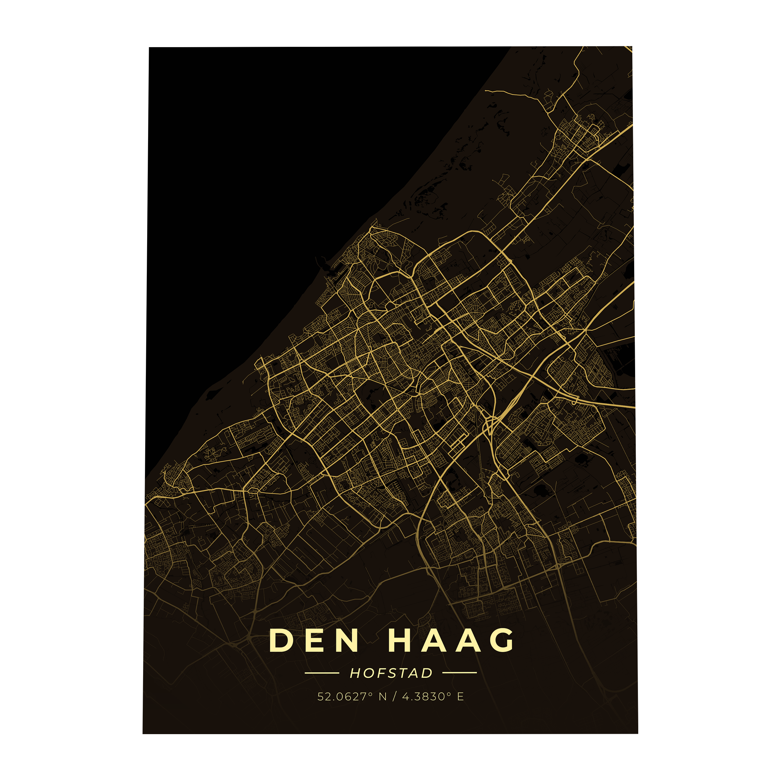 Premium metalen poster van de plattegrond van Den Haag (De Hofstad). Luxe goud-op-zwart design van GoalSquare met coördinaten.