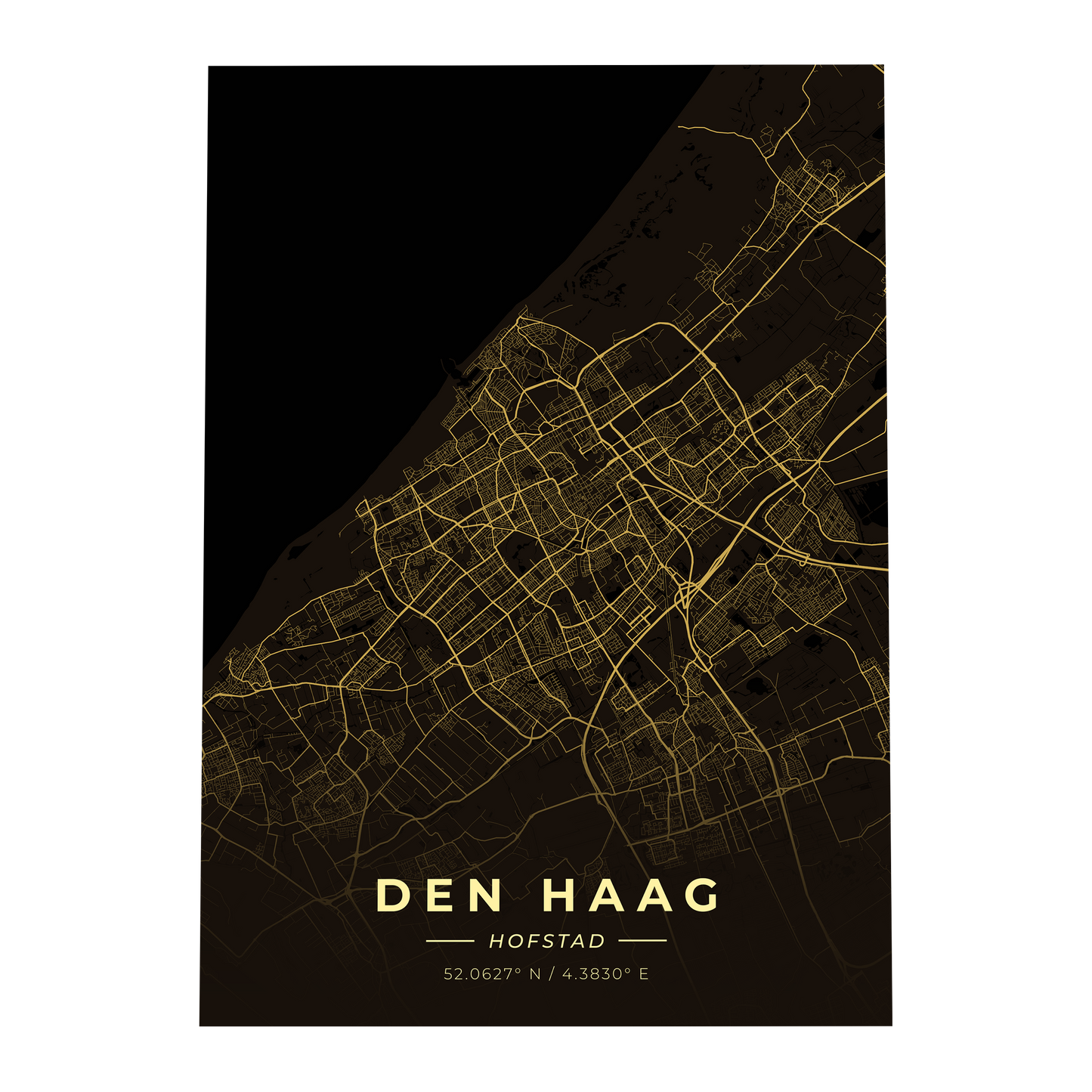 Premium metalen poster van de plattegrond van Den Haag (De Hofstad). Luxe goud-op-zwart design van GoalSquare met coördinaten.