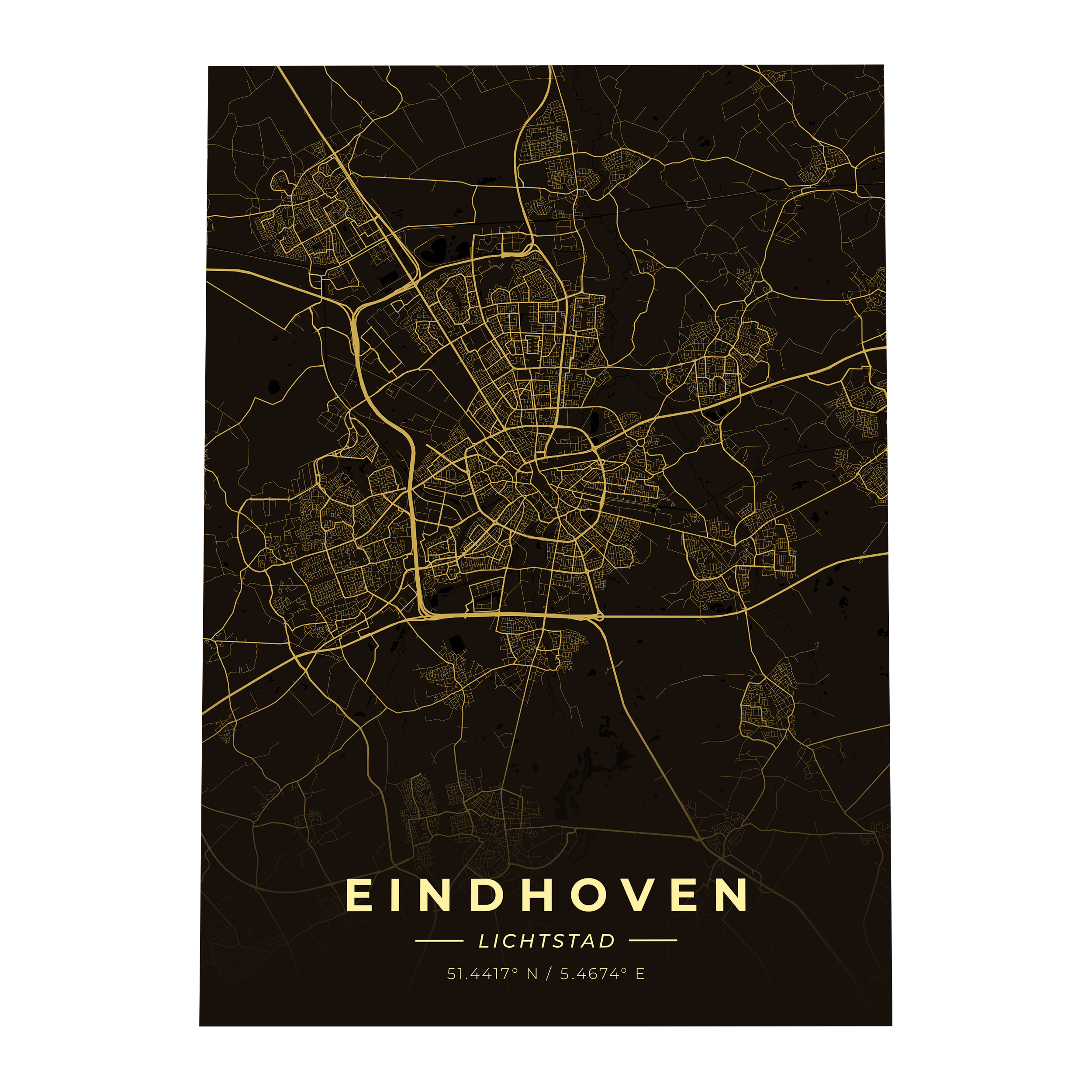 Premium metalen poster van de plattegrond van Eindhoven (De Lichtstad). Luxe goud-op-zwart design van GoalSquare met coördinaten.