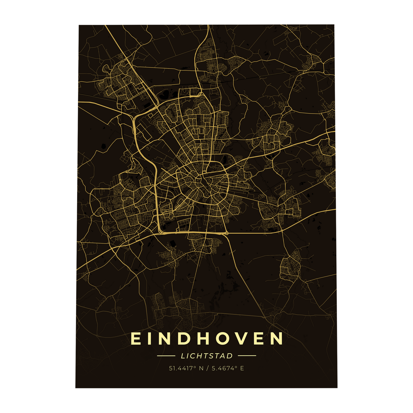 Premium metalen poster van de plattegrond van Eindhoven (De Lichtstad). Luxe goud-op-zwart design van GoalSquare met coördinaten.