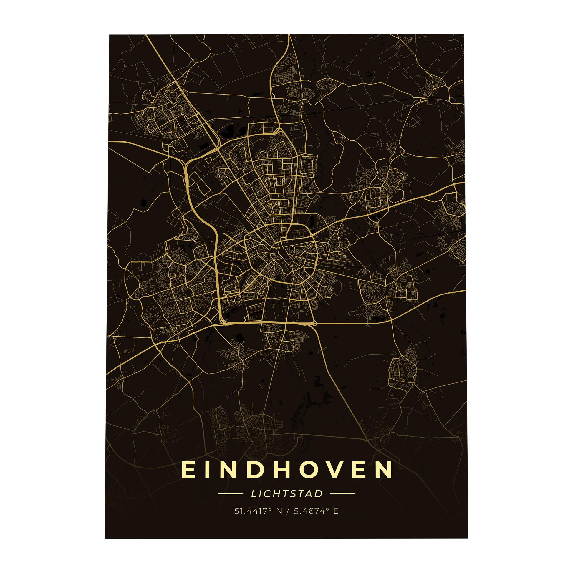 Premium metalen poster van de plattegrond van Eindhoven (De Lichtstad). Luxe goud-op-zwart design van GoalSquare met coördinaten.