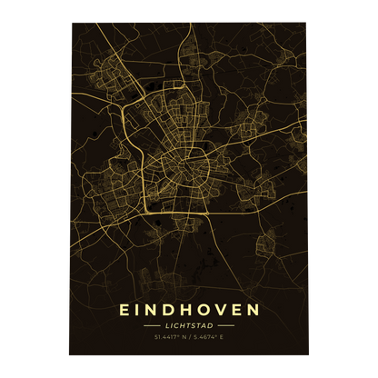 Premium metalen poster van de plattegrond van Eindhoven (De Lichtstad). Luxe goud-op-zwart design van GoalSquare met coördinaten.
