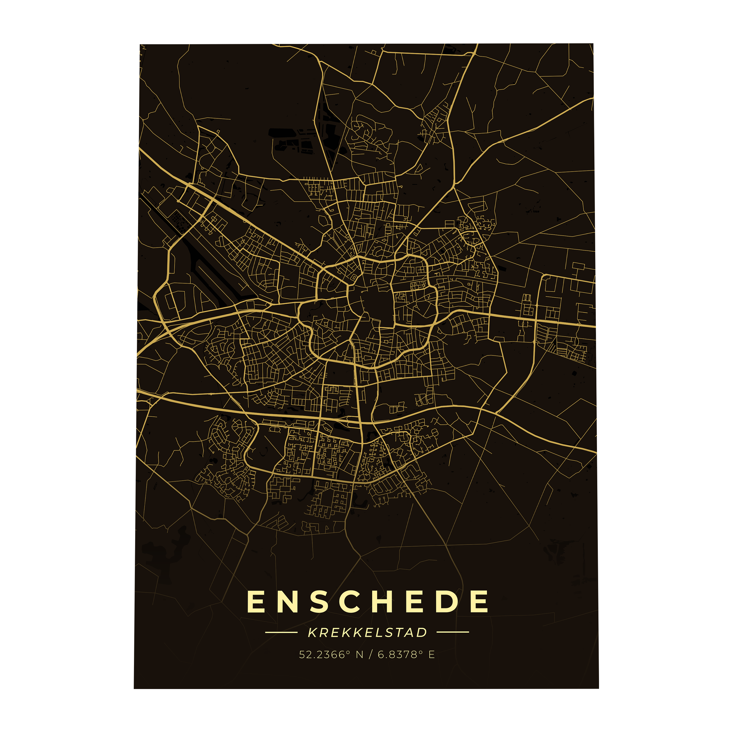 Premium metalen poster van de plattegrond van Enschede (Krekkelstad). Luxe goud-op-zwart design van GoalSquare met coördinaten.