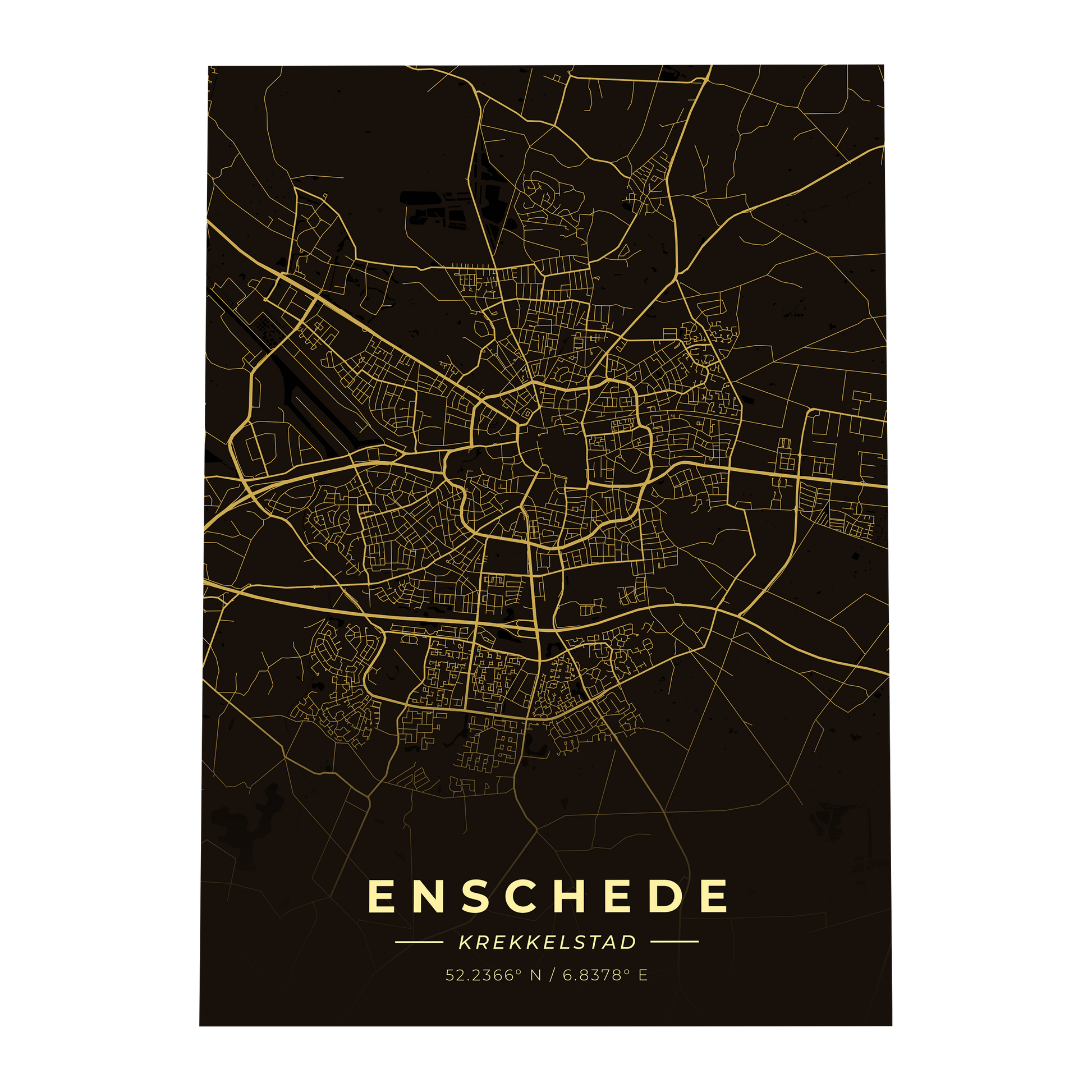 Premium metalen poster van de plattegrond van Enschede (Krekkelstad). Luxe goud-op-zwart design van GoalSquare met coördinaten.