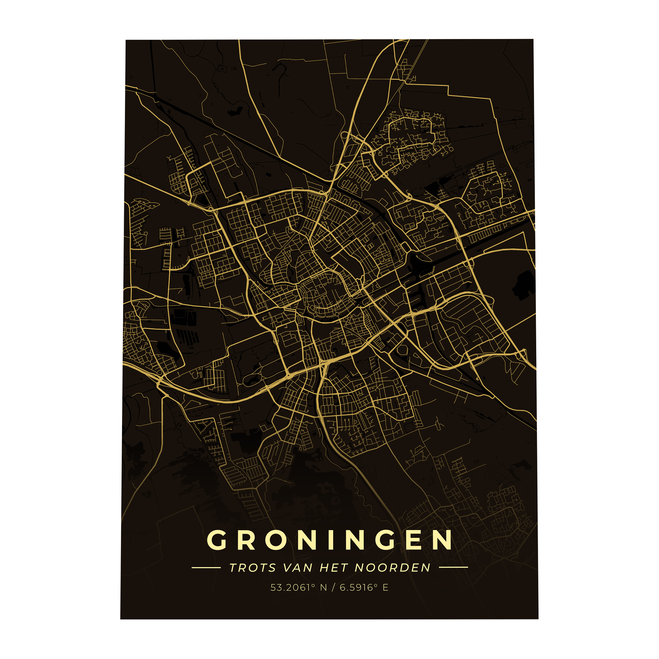 Premium metalen poster van de plattegrond van Groningen (trots van het noorden). Luxe goud-op-zwart design van GoalSquare met coördinaten.