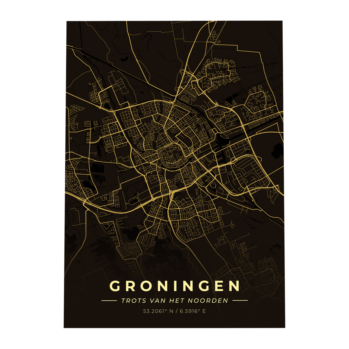 Premium metalen poster van de plattegrond van Groningen (trots van het noorden). Luxe goud-op-zwart design van GoalSquare met coördinaten.