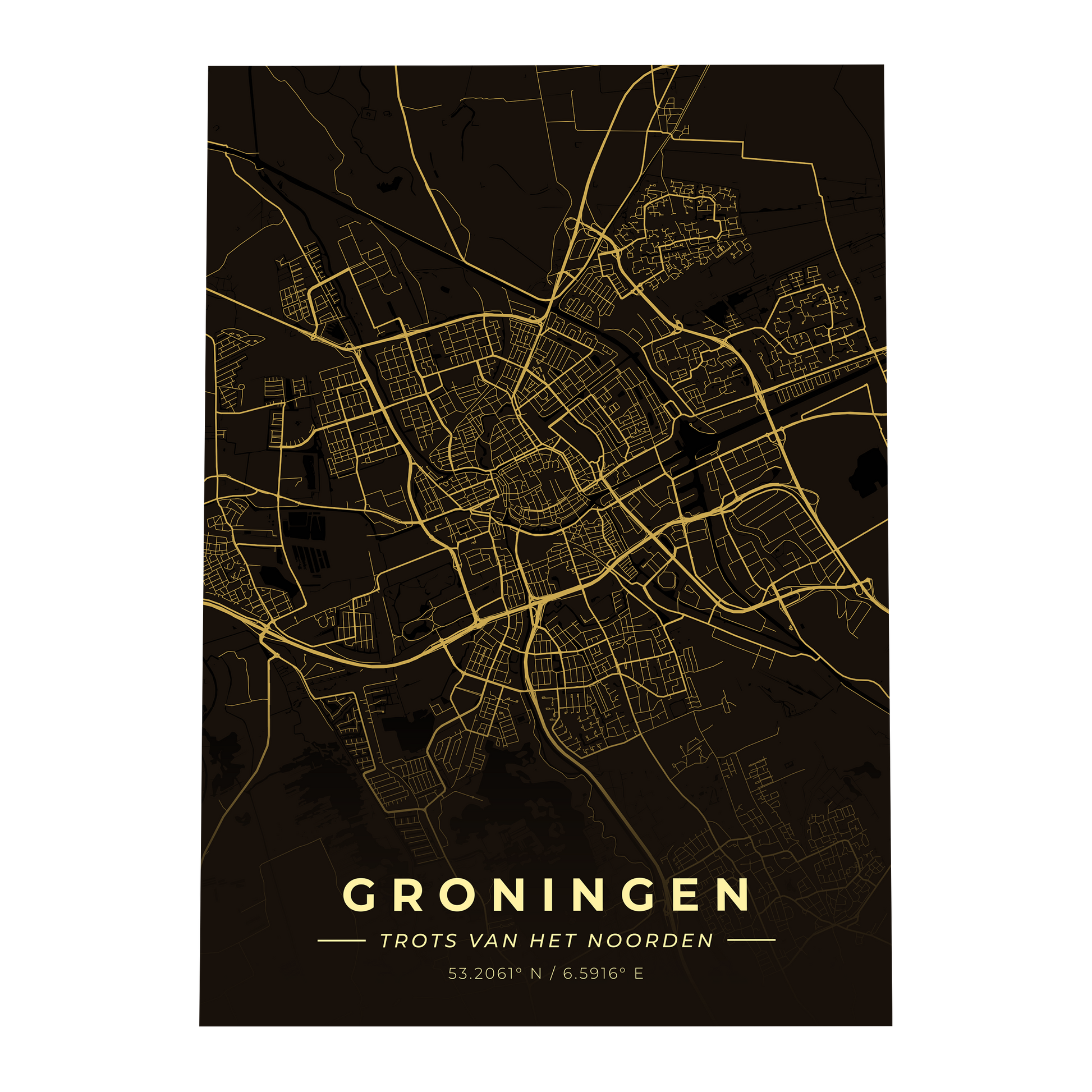 Premium metalen poster van de plattegrond van Groningen (trots van het noorden). Luxe goud-op-zwart design van GoalSquare met coördinaten.