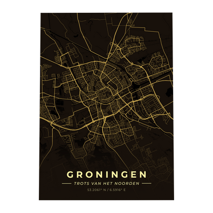Premium metalen poster van de plattegrond van Groningen (trots van het noorden). Luxe goud-op-zwart design van GoalSquare met coördinaten.