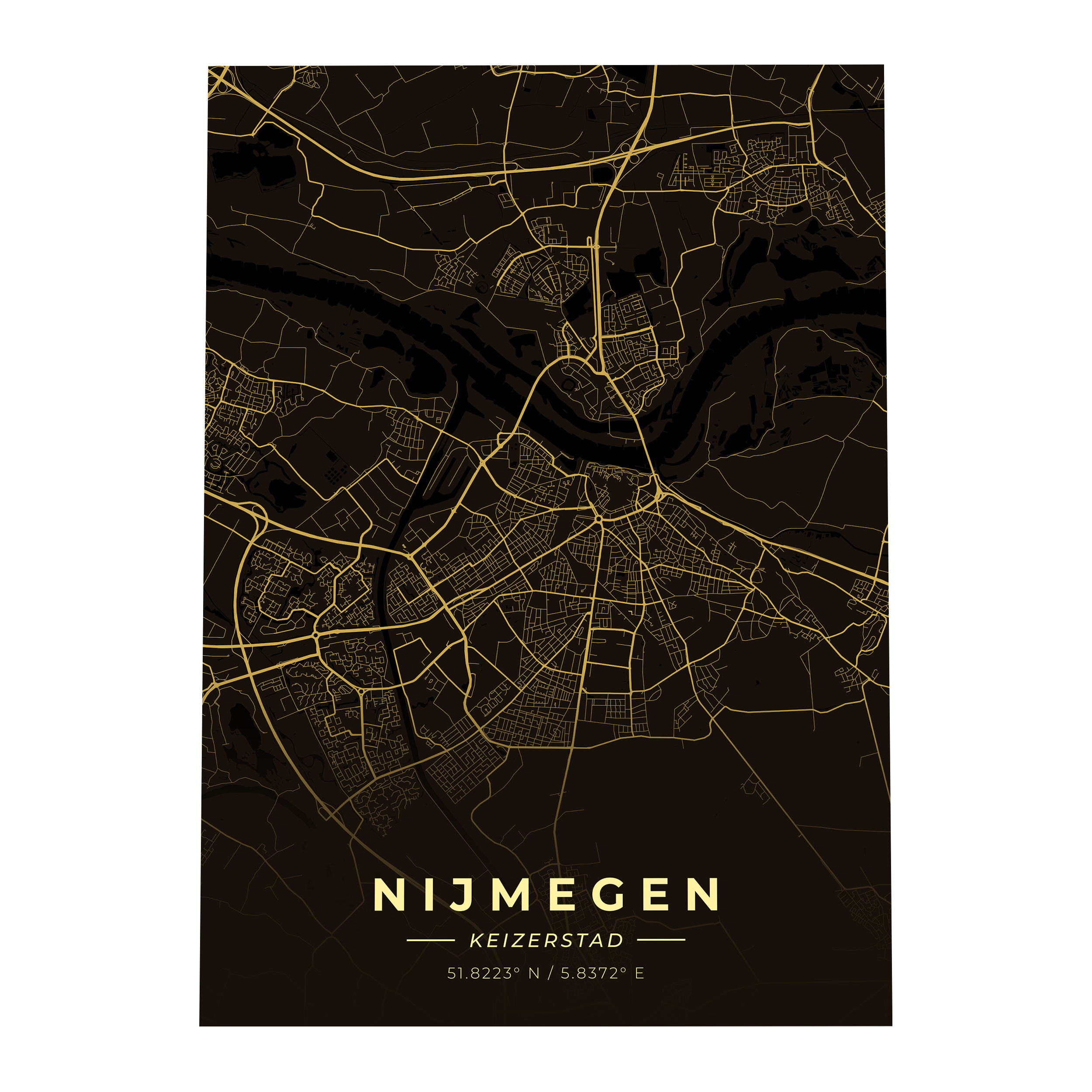 Premium metalen poster van de plattegrond van Nijmegen (Keizerstad). Luxe goud-op-zwart design van GoalSquare met coördinaten.