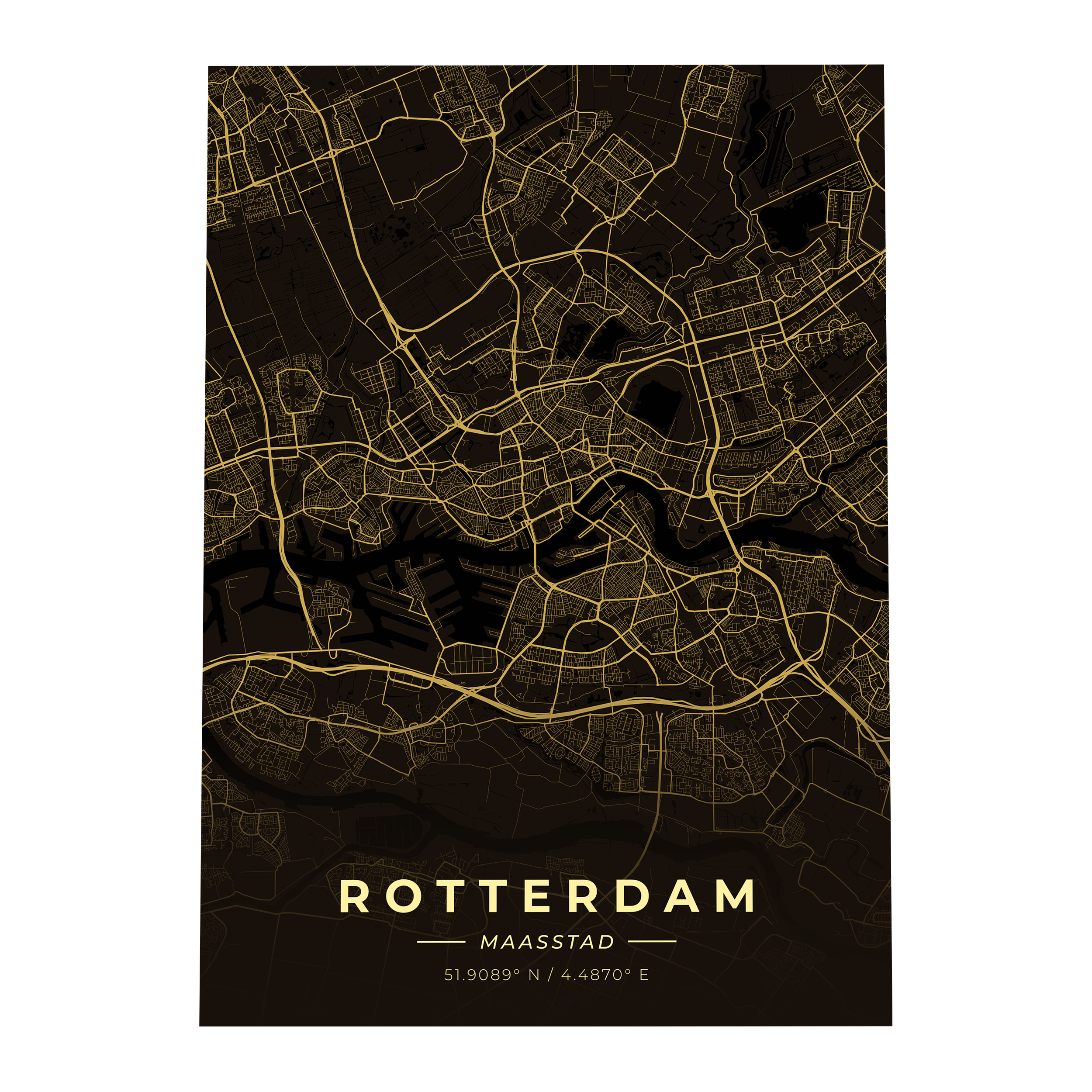 Premium metalen poster van de plattegrond van Rotterdam (010). Luxe goud-op-zwart design van GoalSquare met coördinaten.