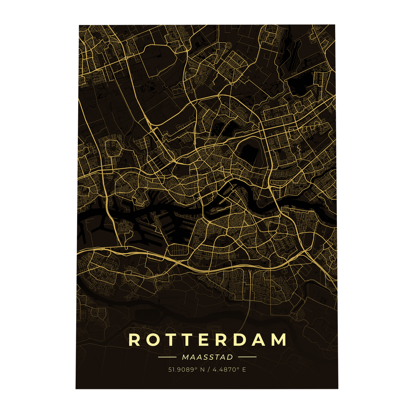 Premium metalen poster van de plattegrond van Rotterdam (010). Luxe goud-op-zwart design van GoalSquare met coördinaten.