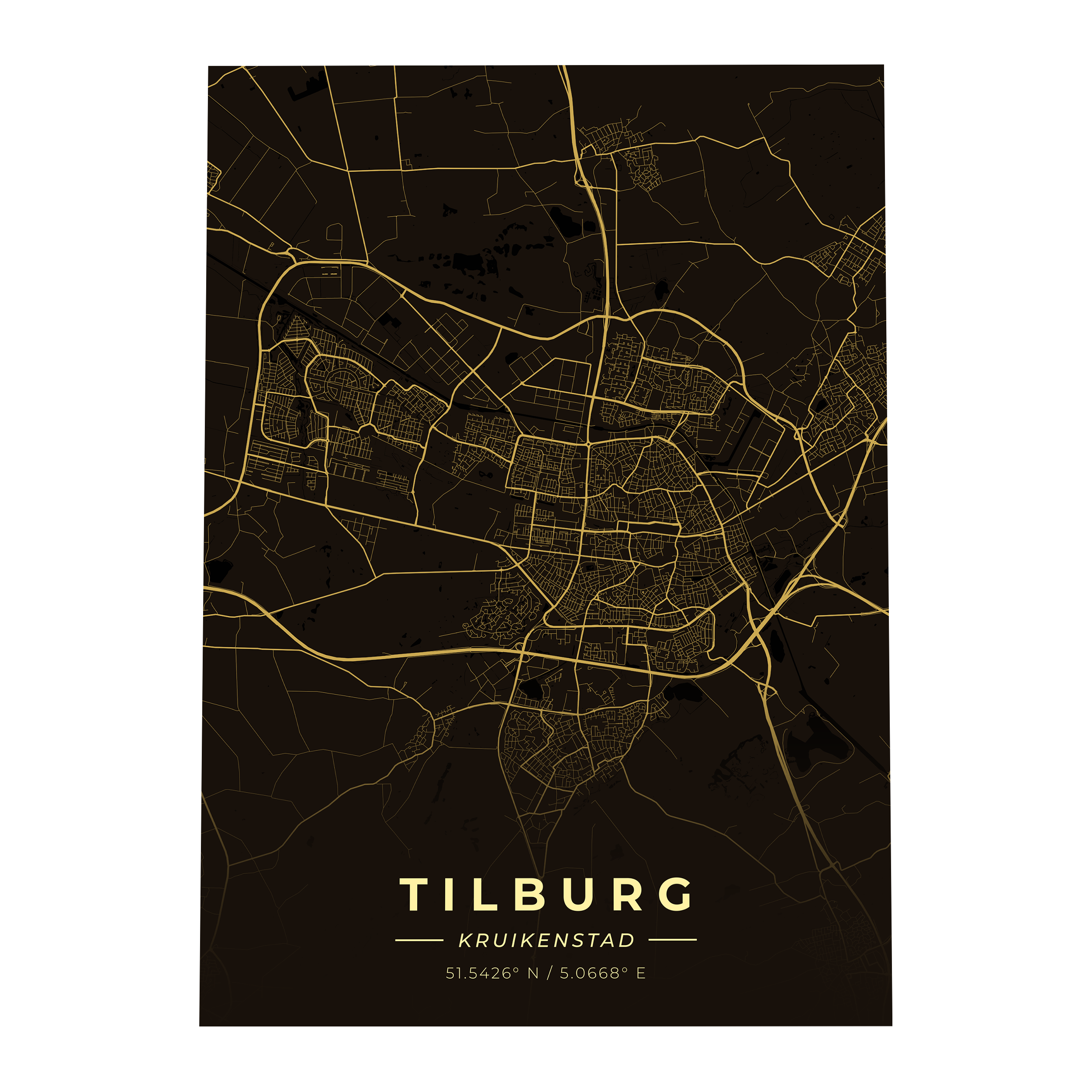 Premium metalen poster van de plattegrond van Tilburg (Kruikenstad). Luxe goud-op-zwart design van GoalSquare met coördinaten.