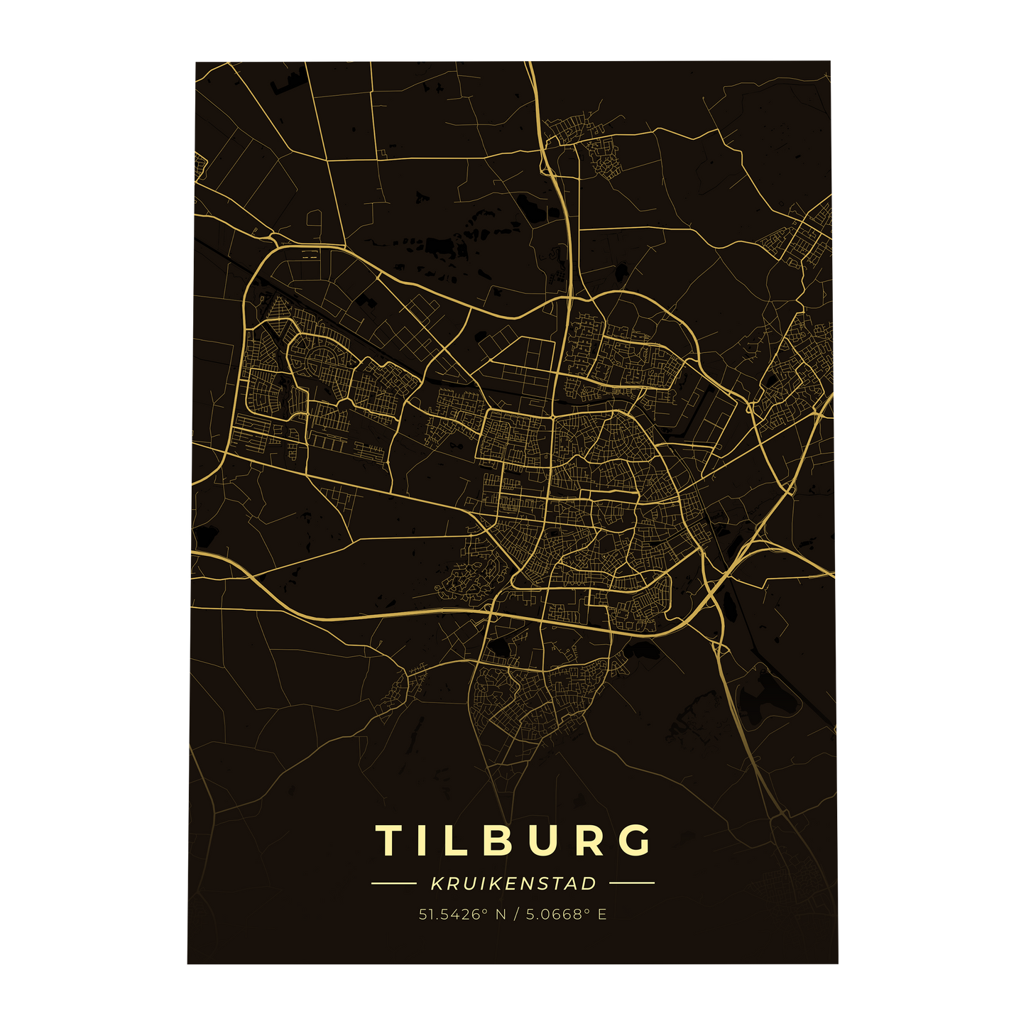 Premium metalen poster van de plattegrond van Tilburg (Kruikenstad). Luxe goud-op-zwart design van GoalSquare met coördinaten.
