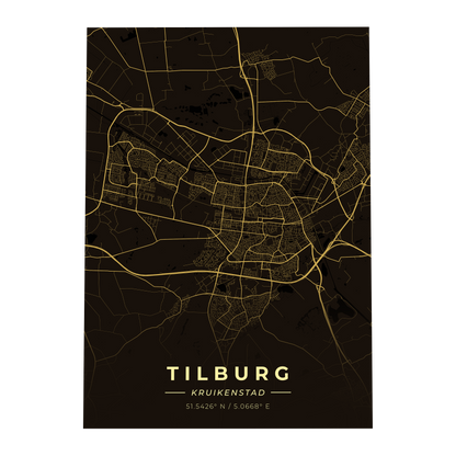 Premium metalen poster van de plattegrond van Tilburg (Kruikenstad). Luxe goud-op-zwart design van GoalSquare met coördinaten.