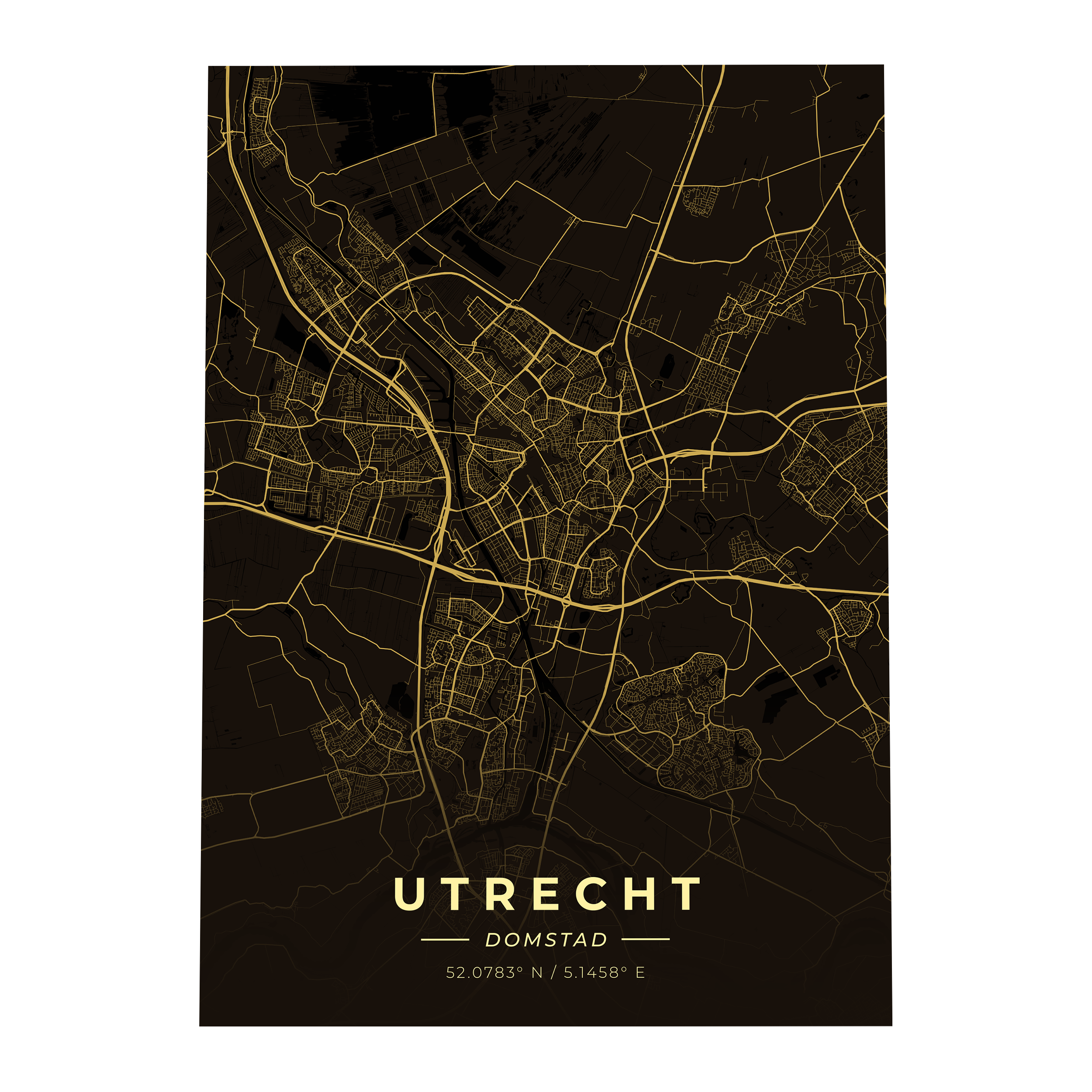 Premium metalen poster van de plattegrond van Utrecht (De Domstad). Luxe goud-op-zwart design van GoalSquare met coördinaten.