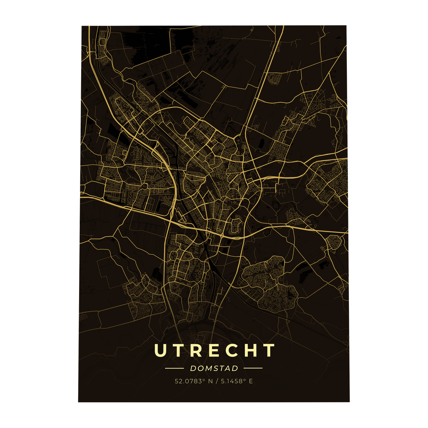 Premium metalen poster van de plattegrond van Utrecht (De Domstad). Luxe goud-op-zwart design van GoalSquare met coördinaten.