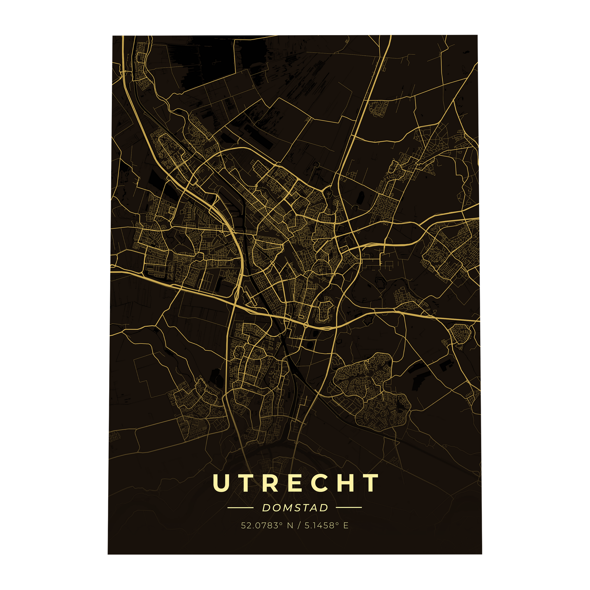Premium metalen poster van de plattegrond van Utrecht (De Domstad). Luxe goud-op-zwart design van GoalSquare met coördinaten.