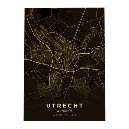 Premium metalen poster van de plattegrond van Utrecht (De Domstad). Luxe goud-op-zwart design van GoalSquare met coördinaten.