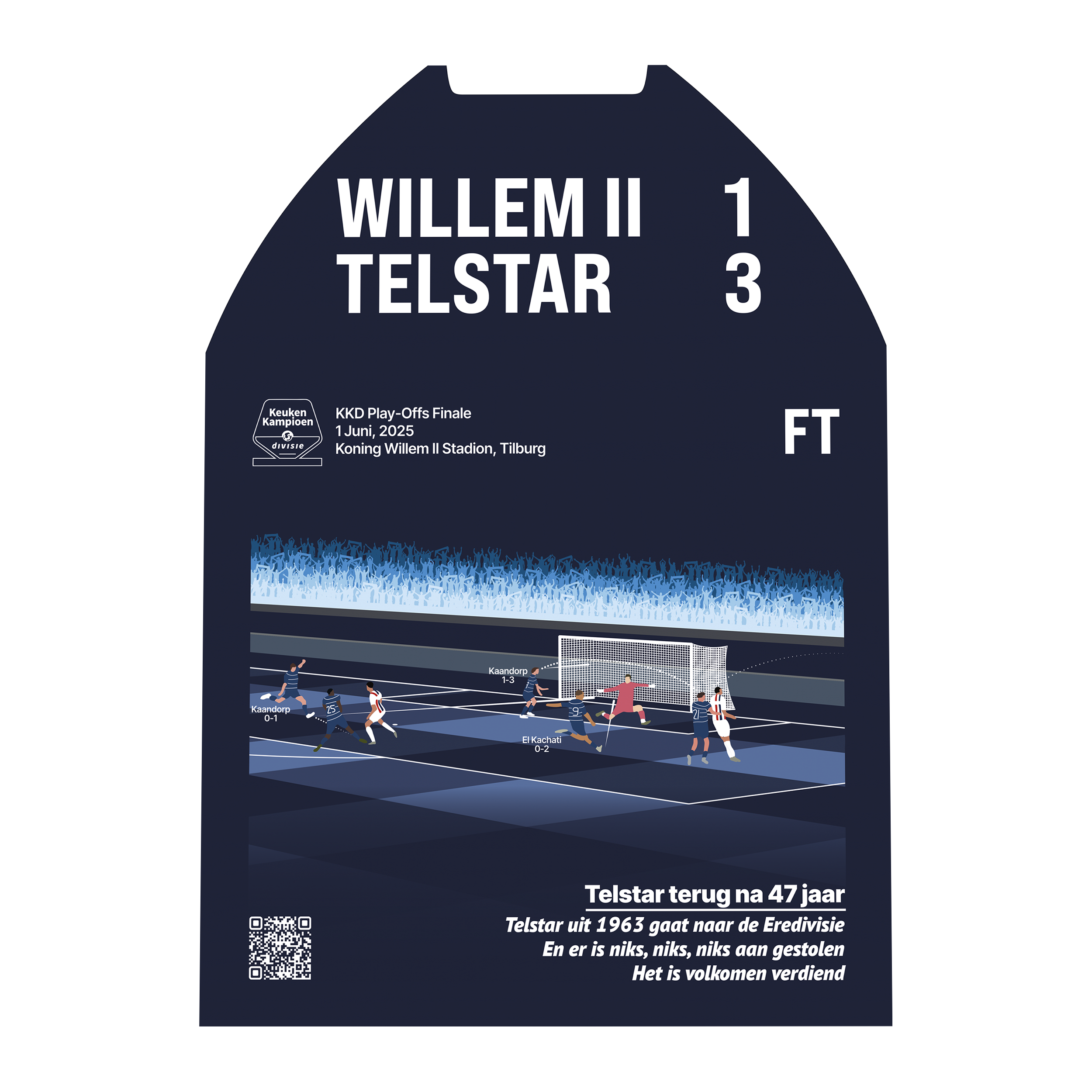 Premium metalen poster van de KKD Play-Offs Finale Willem II - Telstar (1-3). Laat de legendarische ontknoping, eindstand en juichende spelers zien in een luxe donkerblauw GoalSquare design.