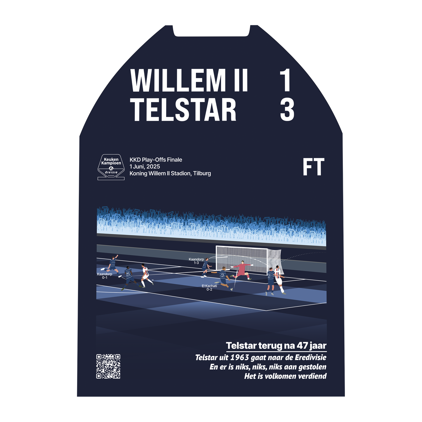 Premium metalen poster van de KKD Play-Offs Finale Willem II - Telstar (1-3). Laat de legendarische ontknoping, eindstand en juichende spelers zien in een luxe donkerblauw GoalSquare design.