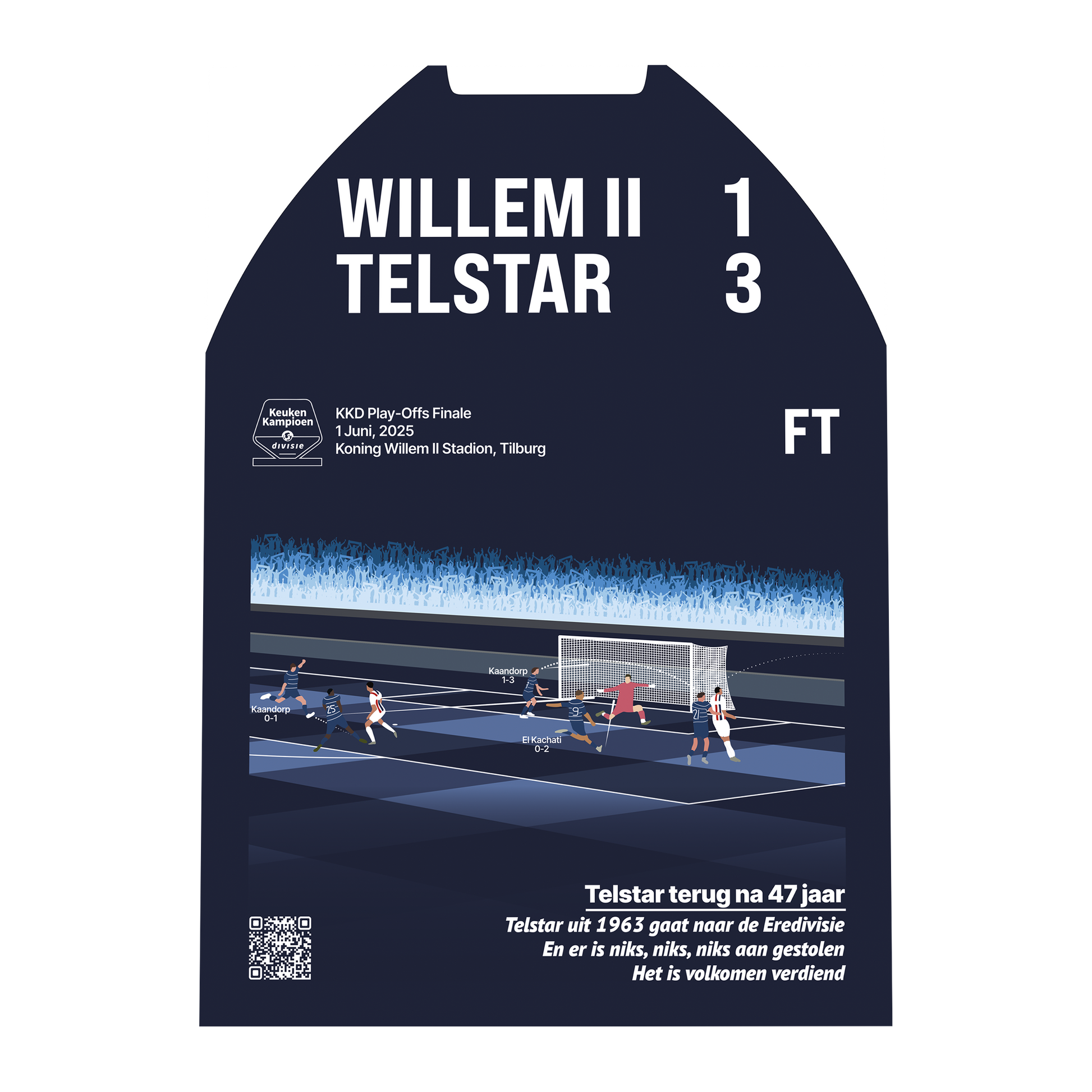 Premium metalen poster van de KKD Play-Offs Finale Willem II - Telstar (1-3). Laat de legendarische ontknoping, eindstand en juichende spelers zien in een luxe donkerblauw GoalSquare design.