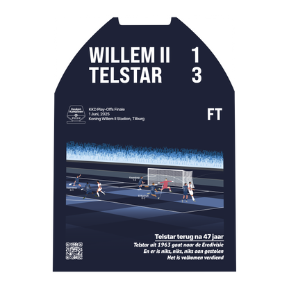 Premium metalen poster van de KKD Play-Offs Finale Willem II - Telstar (1-3). Laat de legendarische ontknoping, eindstand en juichende spelers zien in een luxe donkerblauw GoalSquare design.