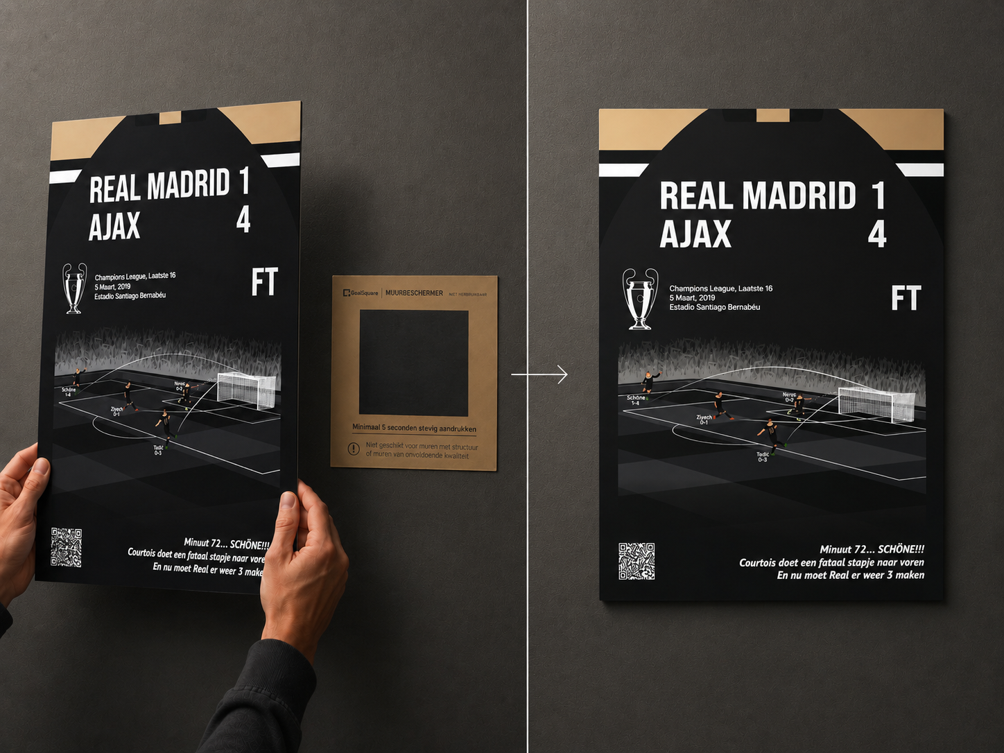 Stap 4 voor het ophangen van een GoalSquare poster: Twee handen hangen de metalen Ajax poster magnetisch en zonder boren op de muurmagneet.