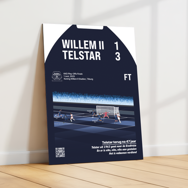 GoalSquare metalen poster van de Willem II - Telstar finale leunend tegen een witte muur in een licht, modern interieur. Sfeervolle voetbal wanddecoratie die passie uitstraalt.